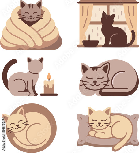 Six cozy cat illustrations in flat minimal style kitten