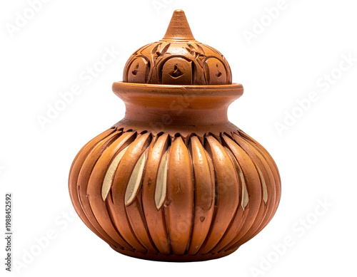 Chitkul-inspired carved clay urn with intricate lid detailing and ribbed body