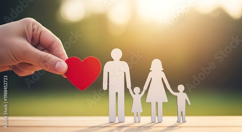 Family health insurance concept with paper cutouts, hand holding red heart over paper family, life protection and medical care support
