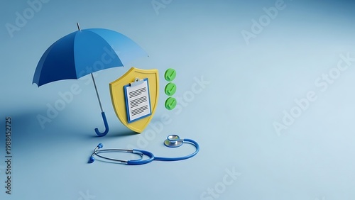 Health insurance concept with blue umbrella and medical stethoscope, yellow shield with clipboard policy, healthcare protection and safety symbols