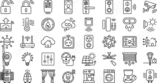 A grid of minimalist line icons representing smart home technology and various home automation system devices