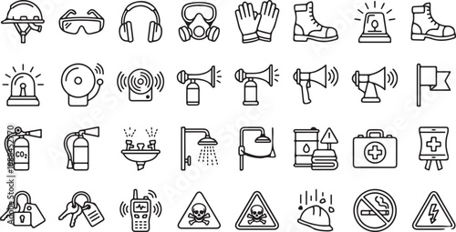 A collection of black and white line icons representing tracking, security, surveillance, biometrics, and data protection.