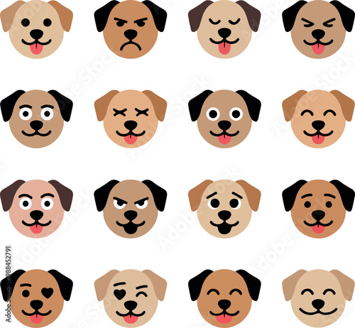 Sixteen dog faces with varied expressions and colors