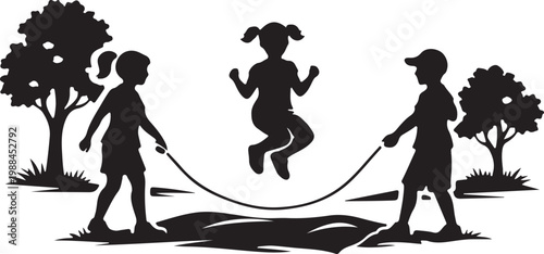 Clean black silhouette of jump rope kids in park
