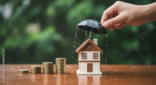 Home insurance concept with small house model under umbrella in rain, financial protection for real estate, property investment security with coins