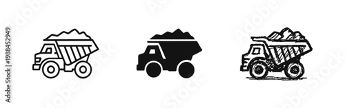 Heavy Duty Dump Truck Icon Set in Three Artistic Styles for Mining, Construction, and Earthmoving Logistics