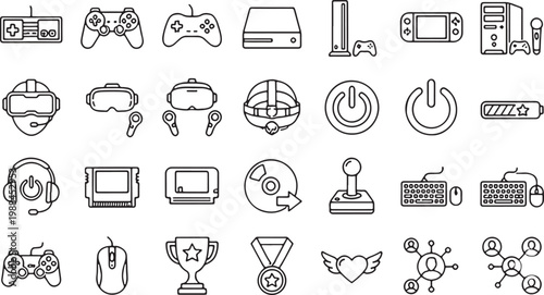 A collection of black and white line icons depicting various video game hardware, accessories, and symbols