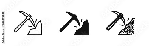 Mining Pickaxe Tool Icon Set Hitting Rock in Various Styles for Resource Extraction and Prospecting