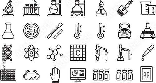 A collection of black and white line icons representing various laboratory equipment and scientific research tools.