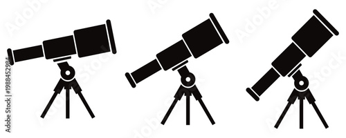 Astronomical Telescope on Tripod Icon Set Vector, Space Observation and Stargazing Symbols in Outline, 
Silhouette and Minimal Line Styles