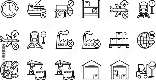 A grid of icons representing various supply chain disruptions, logistics delays, and transportation issues for business
