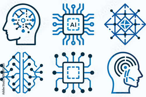 Artificial intelligence icon set featuring human head silhouettes and computer chip designs for machine learning and neural technology.