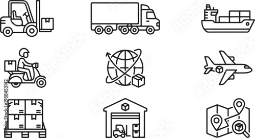 A collection of nine black and white line icons representing various logistics, shipping, and transportation services