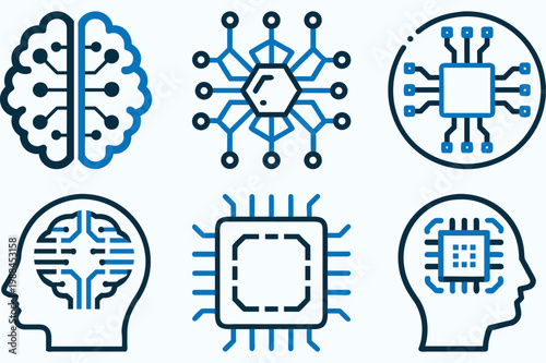 Machine learning vector graphics with brain circuitry and cpu core icons highlighting the integration of human biology and computers.