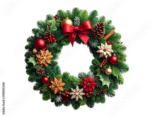 Decorative christmas wreath with pine, berries and red bow