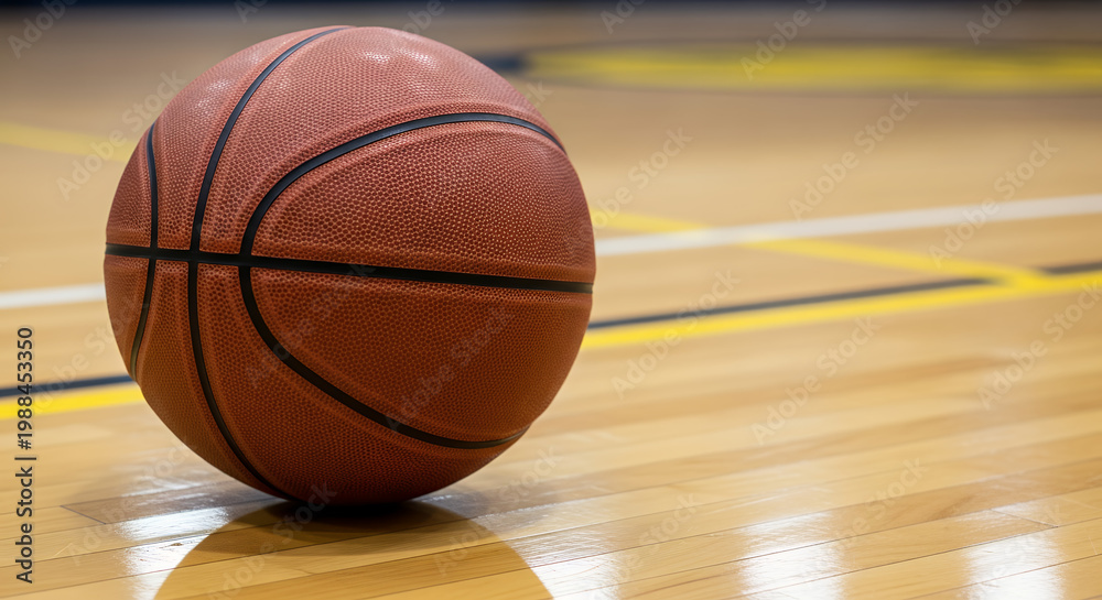 Obraz premium Close Up Basketball on Court Floor with Blurred Background, Indoor Sport Game Concept and Training Equipment