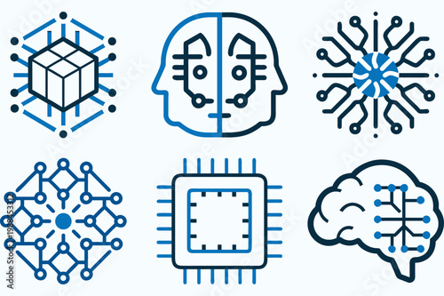 Deep learning illustrations showing complex network nodes and motherboard components for advanced computing and cyber security applications.