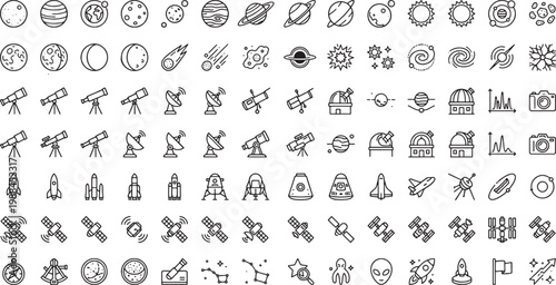 A comprehensive set of black and white line icons illustrating celestial objects, astronomical equipment, and spacecraft