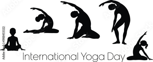 Yoga poses silhouettes and international yoga day text with meditation, wellness