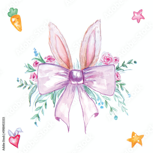 Watercolor Easter egg with bunny ears and other Easter elements