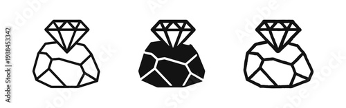 Diamond on Raw Stone Icons in Three Styles: Line Art, Solid Silhouette, and Hand-Drawn Sketch
