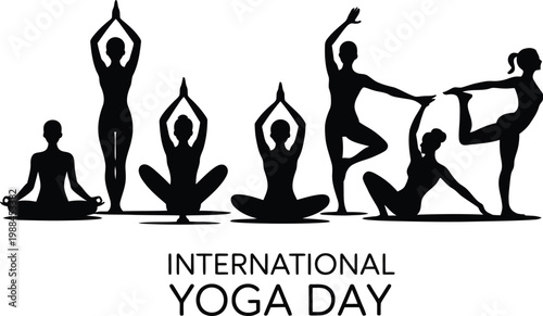 Group of black silhouettes in yoga poses for international yoga day