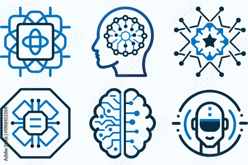 Neural network icons displaying robotic head shapes and geometric tech patterns for virtual reality and biotechnology interface projects.