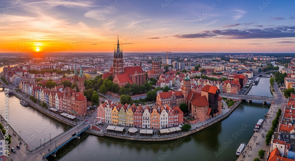 Fototapeta premium Panoramic cityscape at sunset buildings river and dramatic sky view