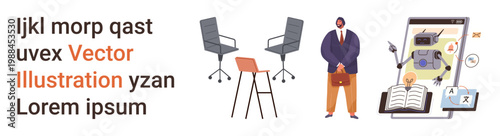 Business meetings, digital learning, AI assistance, workplace organization, remote collaboration, education. Chairs and desk setup, person and robotic AI with book. Business meetings and digital