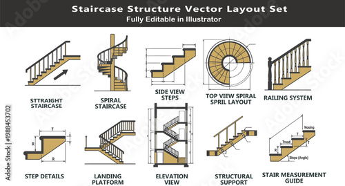 Staircase design vector icons set, top view architectural symbols, spiral stairs, straight steps, railing system, landing platform, CAD blueprint layout