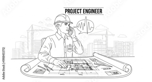 Project Engineer Focused on Plans and Blueprints at Construction Site.