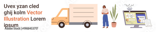 Logistics, e-commerce, delivery services, online shopping, financial transactions, security. A truck, a person near a plant and payment validation on screen. Logistics and e-commerce concepts