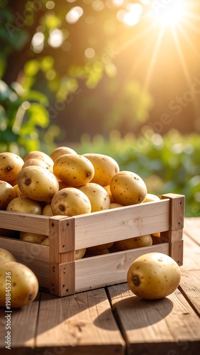 Golden potatoes overflow a wooden crate on a rustic table bathed in sunlight, a sunny backyard scene
