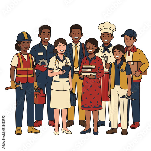 Diverse group of multi-ethnic professional workers standing together representing global workforce solidarity and unity for International Labor Day celebration in flat vector style
