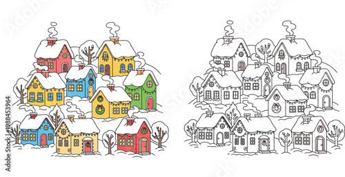 Hand Drawn Winter Village with Snow Covered Houses and Christmas Decorations Coloring Page and Colored Illustration Set for Kids Vector