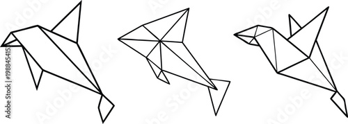 Set of Three Minimalist Dolphin Icons in Linear and Geometric Origami Style