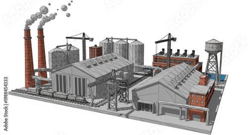 Industrial factory complex with smokestacks and cranes.