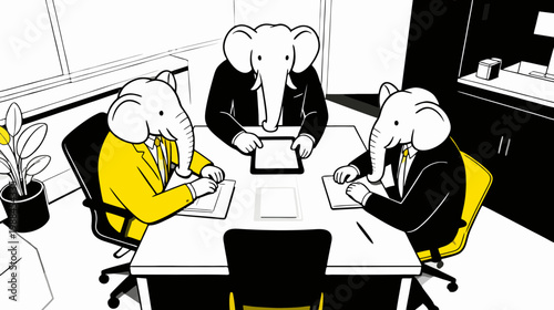 Minimalist flat vector illustration top view of three elephant-headed professionals around a table focusing on a tablet