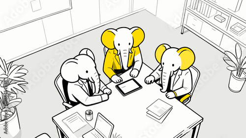 Minimalist flat vector illustration top view of three elephant-headed professionals around a table focusing on a tablet