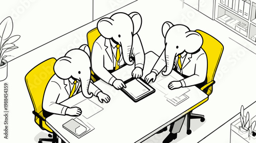 Minimalist flat vector illustration top view of three elephant-headed professionals around a table focusing on a tablet
