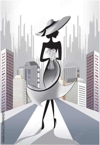 composition with a female model on the runway, on a city street
