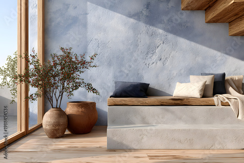 Clean space with a dusty blue wall and light wood floor showcasing a simple seating area and plants in daylight