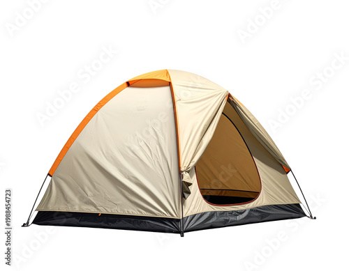 Beige and orange dome tent set animated movie on white background showcasing camping gear and outdoor shelter