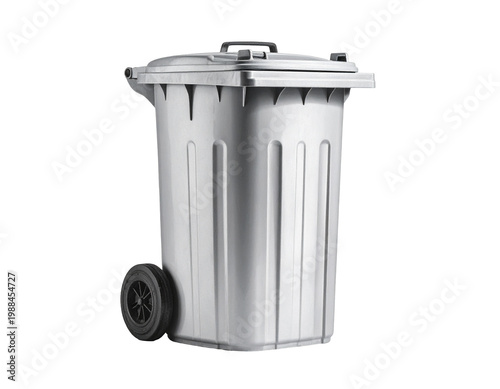 Full-view of a gray wheeled trash can with lid