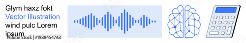 Artificial intelligence, machine learning, data processing, sound analysis, neural networks, education tools. Abstract sound wave, neural brain network and calculator graphic. Artificial