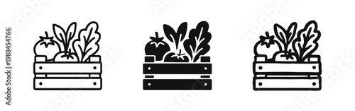 Tableau sur toile Vegetable Wooden Crate Icon Set in Outline, Solid, and Hand-Drawn Styles for Far