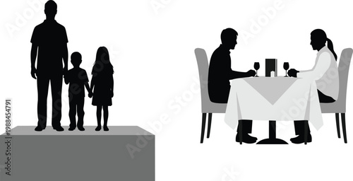 Black Silhouette Vector Set of Family Standing on Podium and Romantic Couple Dining at Restaurant Table Together