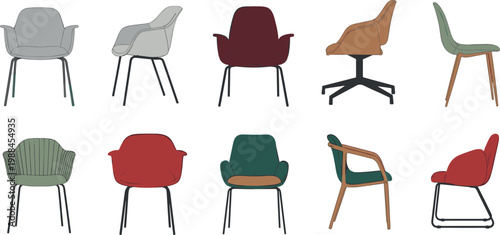 Modern furniture collection featuring diverse dining and office chairs in various colors and styles including armchairs side chairs and swivel seats for interior design.