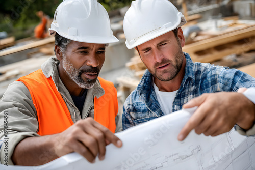Construction workers discuss project plans at building site during daytime