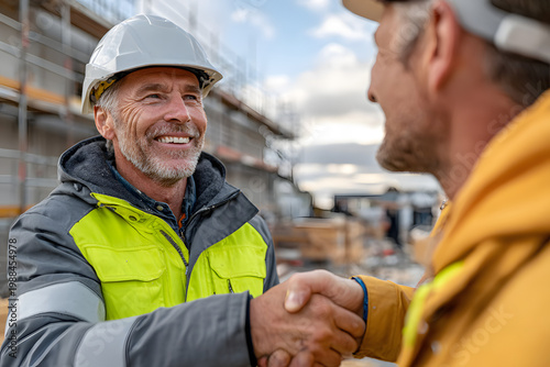 Partners shake hands at a construction site during a project meeting in the afternoon sun with a busy background